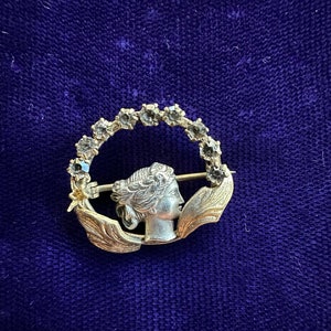 Antique Art Nouveau Paste Stone Winged Goddess Spelter Silver Pin 1”