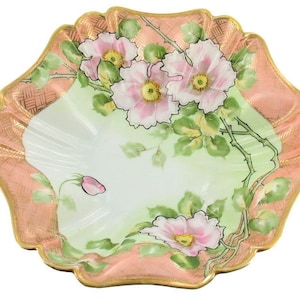 Rare Nippon Morimura Wild Pink Rose Center Bowl Cross Hatch Ruffled 12&quot;/ Wedding Gift/ Nippon Center Bowl/ Good Gift/Antique  Nippon/ Nippon
