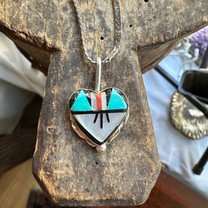 Vintage F. Barney Sterling Zuni Hopi Turquoise/Coral/MOP Heart Necklace 15”