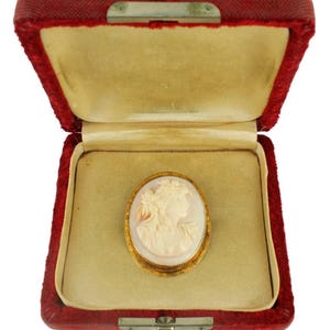 Antique 8- 10k Gold Pink Conch Nouveau Lady Cameo Pin Pendant Orig Box Victorian/ 1960's Civil War Era Cameo/ Civil War Reenactment image 1