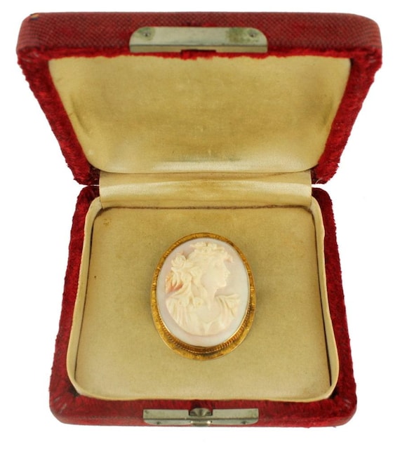 Antique 8- 10k Gold Pink Conch Nouveau Lady Cameo Pin Pendant Orig Box Victorian/ 1960's Civil War Era Cameo/ Civil War Reenactment