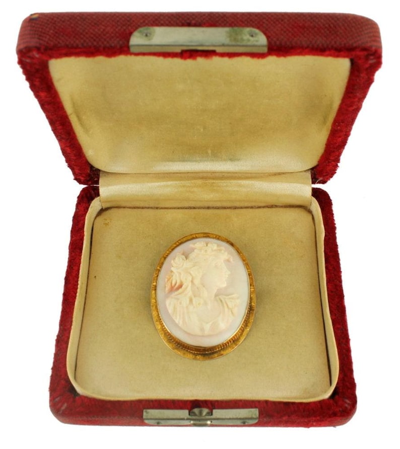 Antique 8- 10k Gold Pink Conch Nouveau Lady Cameo Pin Pendant Orig Box Victorian/ 1960's Civil War Era Cameo/ Civil War Reenactment image 1