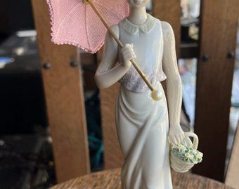 Lladro #7617 "Garden Classic" Girl w Parasol Dog Flower Basket Figurine DAISA