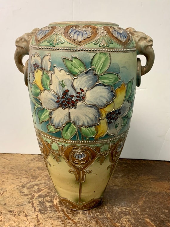 Antique Deco Japanese Nouveau Moriage Vase Hand-Painted Very Big Floor Vase 15"H/Good Gift/Gift/Wedding Gift/Moriage Jewels Vase/Japan VAse