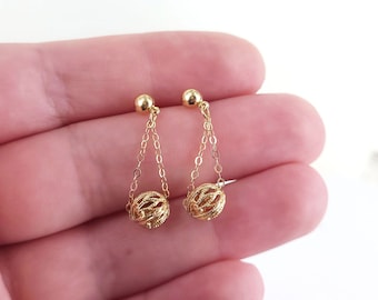 Pendientes vintage de oro amarillo de 14 k con filigrana de bola, 2,5 cm