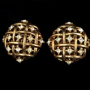 Vintage Crown Trifari Alfred Philippe Rhinestone Lattice Trabajo Bronce Tone Pendientes / Trifari Joyería / Pendientes de Pedrería / Joyería Vintage