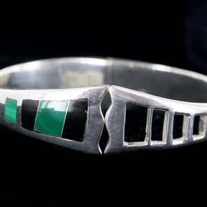 Vintage Taxco Modernist Sterling Silver Malachite Onyx Bangle Bracelet/ Vintage Heavy Sterling Taxco Bracelet/ Vintage Sterling Inlay Bangle