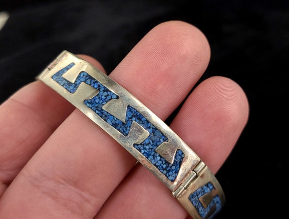 Vintage Mexico Mexican Alpaca Silver Turquoise Mosaic Inlay Bangle