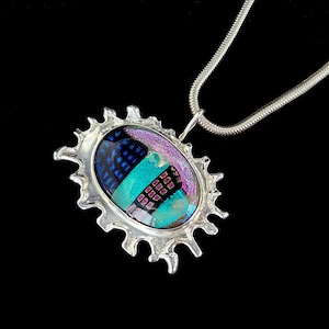 Vintage Sterling Silver Dichroic Art Glass Cityscape Pendant Necklace 23&quot;