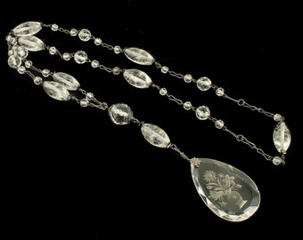 Antique Chinese Deco Sterling Carved Rock Quartz Link Pendant Y Necklace 30&quot;/ Good Gift/ Gift for You/ Gift for Her/ Carved Quartz/Deco/Gift