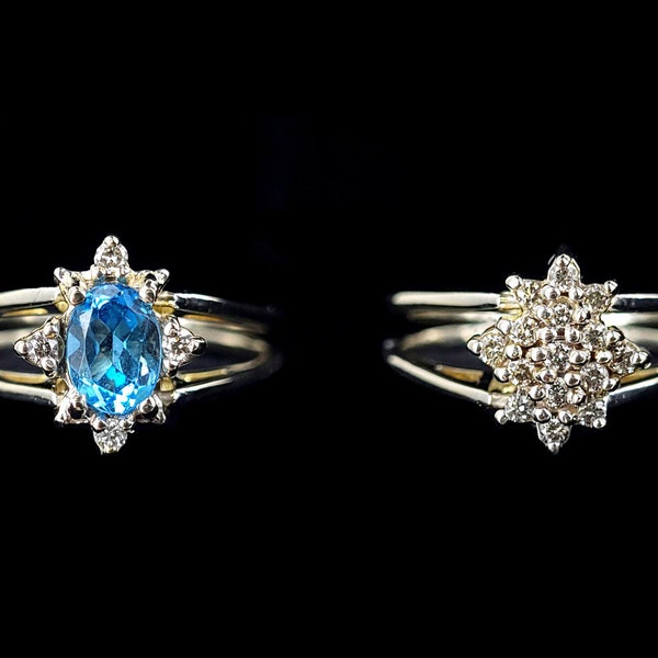 Estate 14k White Gold .71cttw Blue Topaz and Diamond Reversible Ring sz 10 / 14k Gold Jewelry / Topaz Ring / Diamond Jewelry / Gifts for her