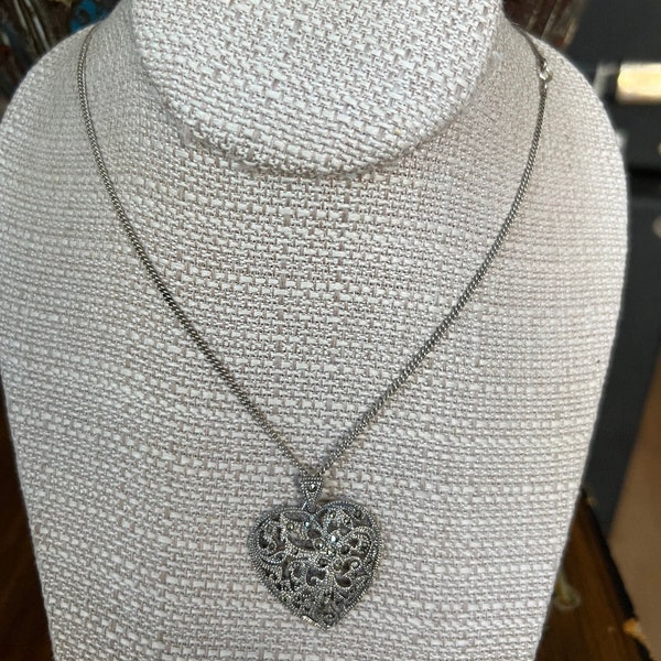 Vintage Sterling French Design Marcasite Reticulated Heart Pendant Necklace 20"/ Good Gift/ Gift for Her/ Gift for Him/ French Design/ Gift