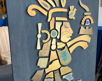 ヴィンテージ メキシコ アステカ戦士 ウォールアート：ターコイズ銅象嵌飾り ヴィンテージ メキシコ アステカ戦士 ウォールアート：ターコイズ銅