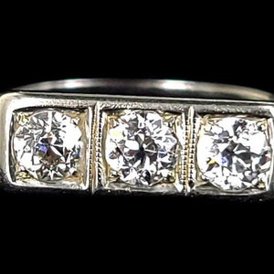 Antique Deco Mine Cut .72ct GHI VS Diamond 18k White Gold 3 Stone Band Ring sz 7 /Diamond Ring / Engagement Ring/Deco Jewelry /Gifts for her
