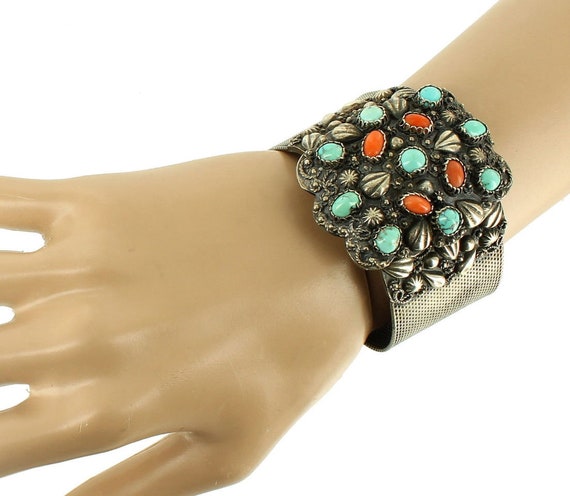 Antique Sterling Silver Egyptian Coral & Turquois… - image 1