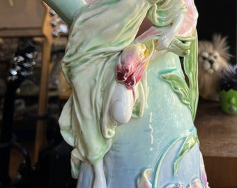 Antique Art Nouveau Majolica Vase Figural Lady Floral Huge Beautiful 15.5” H/ Good Gift/ Gift for Him/ Gift for Her/  Majolica Vase/Nouveau