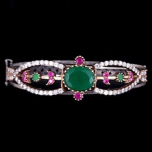 Vintage Sterling Gold Plated Ruby Emerald Rock Quartz Bracelet 6.5&quot; / emerald jewelry / Gemstone Jewelry / gemstone Bracelet/ Good Gift
