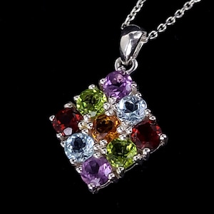 Vintage Sterling Silver Citrine Garnet Topaz Peridot Amethyst Gemstone Square Pendant Necklace 18” / Multi Gemstone Jewelry / Gifts for her