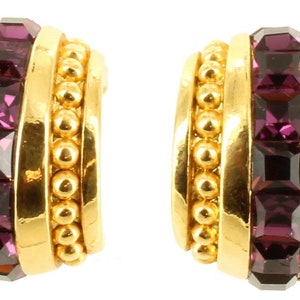 Vintage Swarovski Huggies Half Hoop Princess Cut Amethyst Crystal Post Earrings 3/4&quot;