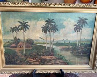 Antique 1819 Oil Painting Hawaii Tropical Palm Trees River Landscape Bartoli/ Good Gift/ Gift for Him/Gift for Her/ Hawaiian Art/ Pacific