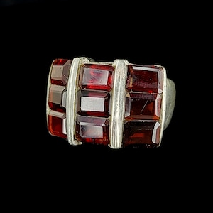 Vintage Sterling Emerald Cut Deep 9 Garnets Thick Statement Ring sz 6 / Garnet Ring / Garnet Jewelry / Gemstone Jewelry / Gemstone Ring