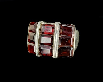 Vintage Sterling Emerald Cut Deep 9 Garnets Thick Statement Ring sz 6 / Garnet Ring / Garnet Jewelry / Gemstone Jewelry / Gemstone Ring