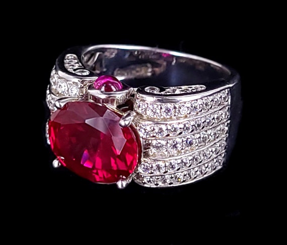 Vintage Sterling Silver Synthetic Ruby Pave Cubic… - image 4