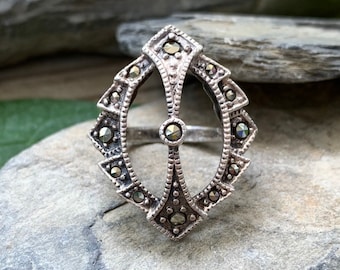 Antique Art Deco Sterling Silver Marcasite Unique Statement Ring Size 4.5/ Antique Art Deco Sterling Marcasite Ring/ Art Deco Marcasite Ring