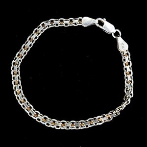 Vintage Sterling Silver w Gold Strip 4mm Elegant Flowing Link Chain Bracelet 7” / Unisex Jewelry / Sterling jewelry / Silver Bracelet/Chain