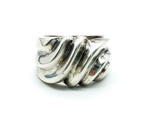 Vintage Retro Chunky Sterling Silver Ridged Wave … - image 2