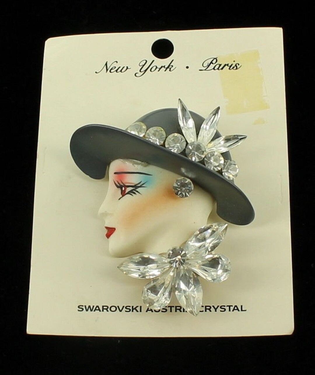 Vintage Disco 1970's Lady Doll Face Swarovski Crystal Rhinestones Pin ...