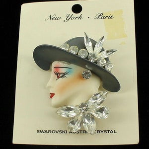 Vintage Disco 1970's Lady Doll Face Swarovski Crystal Rhinestones Pin Original Card/Lady with Hat/ 1970s Pin/Good Gift/ Disco Era Pin/Brooch
