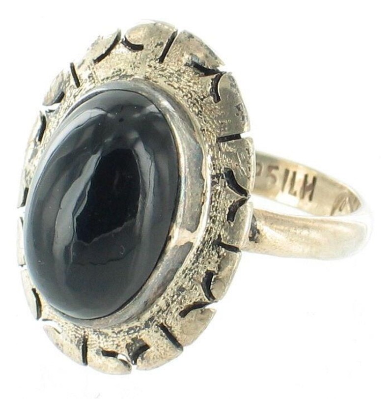 Vintage Sterling Silver Mexico Onyx Aztec Design Oval Cab Ring 6.5 1960s image 2
