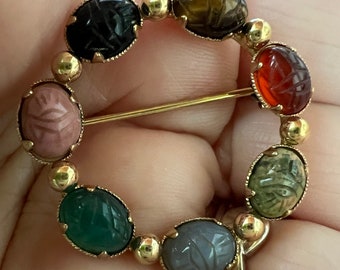 Vintage 12K Gold Filled Scarab Pin: Tiger's Eye, Agate, Onyx