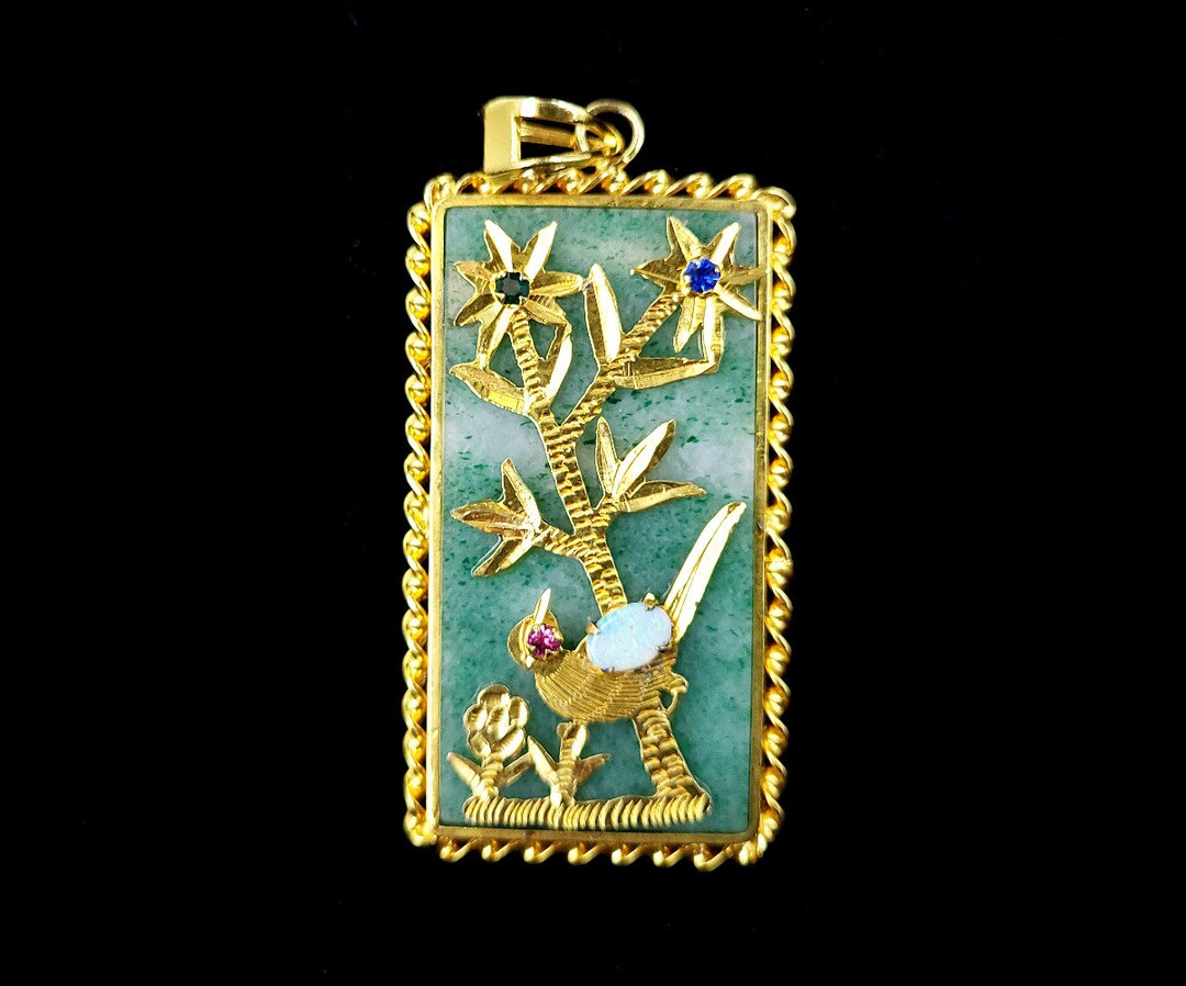 Vintage Gold Plated Jade Jadeite Life Blessings Chinese Pendant