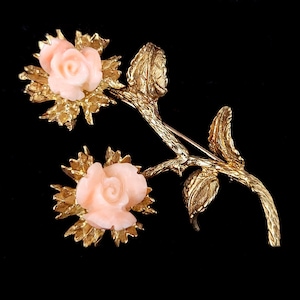 Vintage 14k Gold Mid Century- Brutalist Angel Skin Pink Coral Flowers Leaves on Branch Brooch Pin / Floral Jewelry/ Coral Jewelry / 1960&#39;s