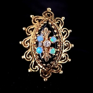 Antique Victorian 14k Gold Genuine Flashy Opal Diamond Black Onyx Ring sz 7 / Opal Jewelry / Diamond Jewelry / Gifts for her / Good Gift