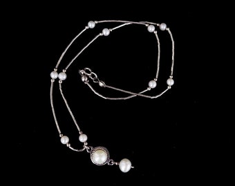 Vintage Sterling Silver Tin Cup White Pearl Station Choker Chain Necklace 16” / Pearl Jewelry / Gemstone Jewelry / Gifts for her / Good gift