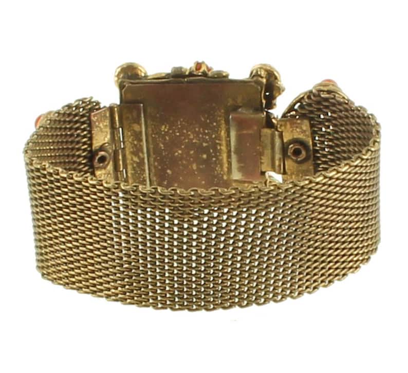 Antique Czech Deco Snake Mesh Peking Glass Intaglio Bracelet 7 /& Earrings Set