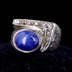 Vintage 14k White Gold Blue Star Sapphire & Diamond Mid Century Ring 7.25/ Star Sapphire Diamond Ring/ Star Sapphire/Lindy star Sapphire