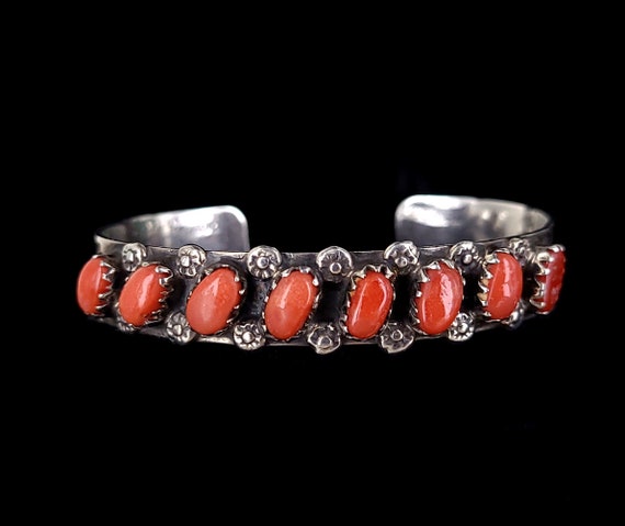 Vintage Zuni Sterling Silver Red Coral Cuff Signed Gary Vacit 