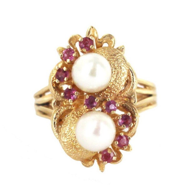Vintage Mid Century 14k Gold Ruby Pearl Ring Size… - image 1