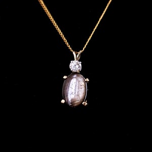 Vintage 14k Gold Natural  3.15 ct Grey Star Sapphire VS G Color .15ct  Diamond Pendant Necklace/Star Sapphire Necklace /Diamond Necklace