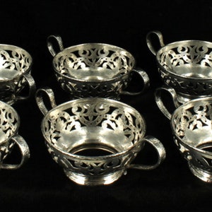 Antique Set of 6 Gorham Sterling Hand Hammered Reticulated Bouillons Dessert Cups