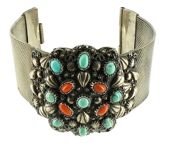 Antique Sterling Silver Egyptian Coral & Turquois… - image 2