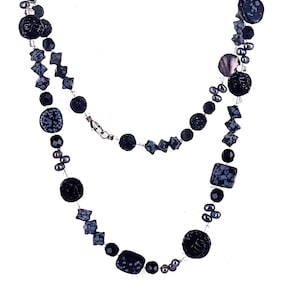 Vintage Modernist Sterling Silver Snowflake Obsidian Black Onyx Pearl Bead Necklace 24.5&quot; /Gemstone Jewelry /Gemstone Necklace /Gift for her