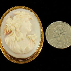 Antique 8- 10k Gold Pink Conch Nouveau Lady Cameo Pin Pendant Orig Box Victorian/ 1960's Civil War Era Cameo/ Civil War Reenactment image 6