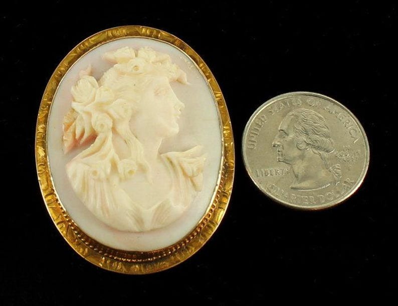 Antique 8- 10k Gold Pink Conch Nouveau Lady Cameo Pin Pendant Orig Box Victorian/ 1960's Civil War Era Cameo/ Civil War Reenactment image 6