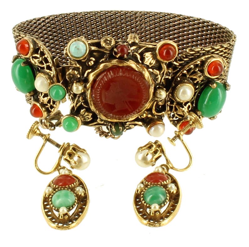 Antique Czech Deco Snake Mesh Peking Glass Intaglio Bracelet 7 /& Earrings Set