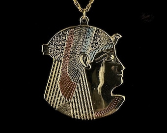 Vintage Egyptische Revival 12k GF handgeschilderde Cleopatra farao hanger ketting